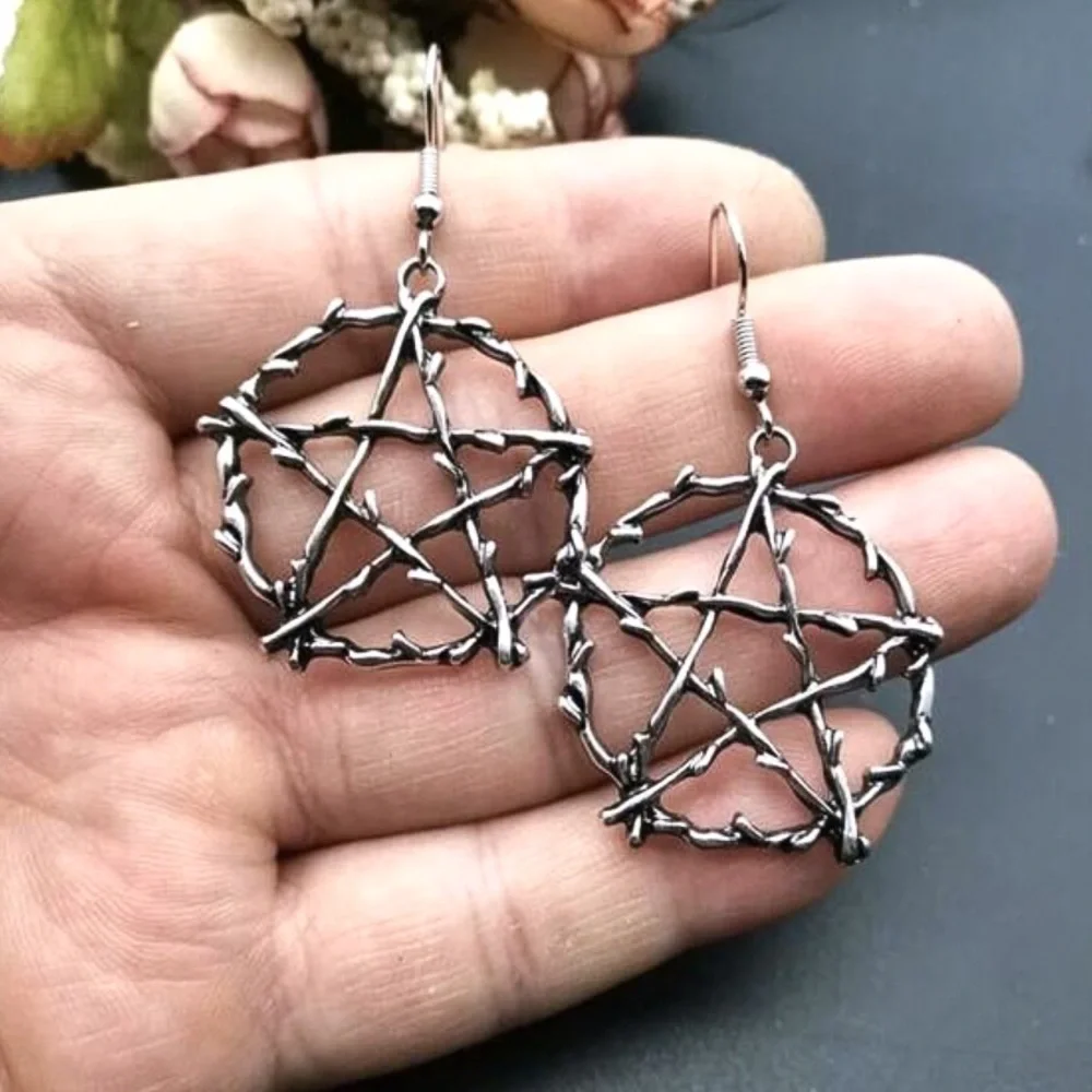 Silver Barbed Wire Pentagram Drop Earrings